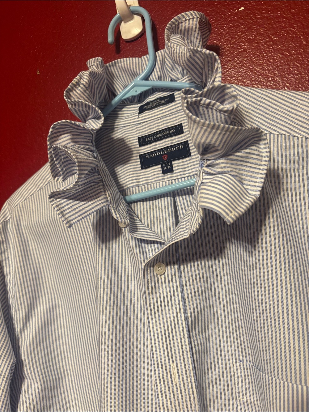 Repurposed/Reloved Saddlebred Blue and White Striped Ruffle-Collar Shirt
